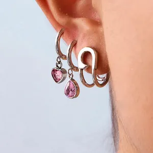 Stainless Steel Earrings Pink Zircon Heart Water Drop Paperclip Hoop Waterproof Hypoallergenic Fashion Jewelry For Women