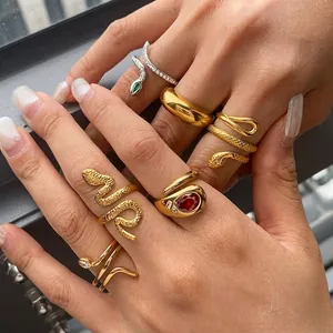 Bague Serpent En Acier Inoxydable Zircon Étanche Hypoallergénique Rétro Pierre Gemme Ouverte Réglable Bijoux Mode Pour Femmes