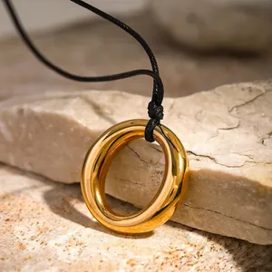 Minimalist Round Hollow Pendant Necklace 18K Gold Plated Stainless Steel With Black Adjustable Wax Cord Geometric Jewelry