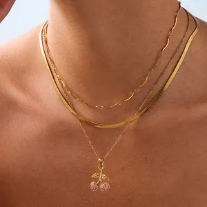 Cherry Pendant Necklace Stainless Steel Pink Zircon Layered Style Fashion Jewelry For Women Elegant Sweet