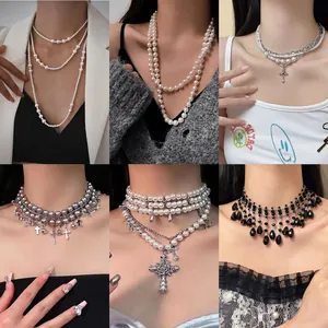 French vintage multi-layer pearl necklace with cross pendant and cat eye stone for women