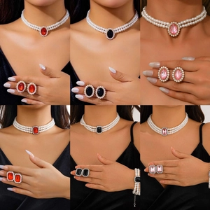 French vintage pearl choker necklace with large oval gemstone pendant and earrings