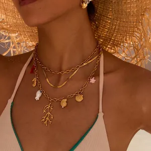 Ocean Theme Charm Necklace Stainless Steel Gold Plated Seahorse Shell Coral Starfish Vacation Style Jewelry For Women