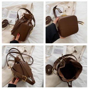 Detailed views of brown leather bucket bag showing drawstring closure and inner space
