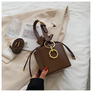 Detail of brown leather bucket bag featuring gold ring handle and drawstring closure