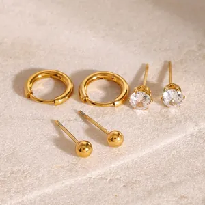 Minimalist Stainless Steel Stud Hoop Earring Set For Women Men Gold Plated Rhinestone Ball Geometric Earrings Fashion Jewelry Gift