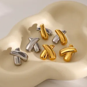 Geometric X Shape Crossover Stud Earrings 18K Gold Plated Stainless Steel Chunky Glossy Polished For Women