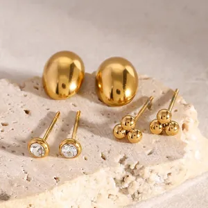 Minimalist Stainless Steel Rhinestone Stud Earrings Geometric Round Oval And Cluster Ball Ear Jewelry Waterproof Hypoallergenic Accessories For Women