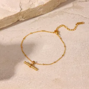 Minimalist Titanium Steel T-Bar Pendant Anklet For Women 18K Gold Plated Bead Chain Adjustable Foot Jewelry Accessories