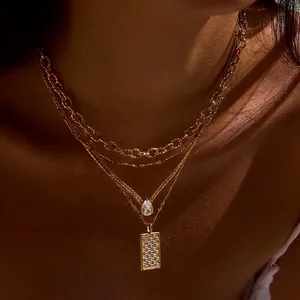 Geometric Rectangle Pendant Necklace Stainless Steel Rhinestone Layered Chain Waterproof Hypoallergenic Luxury Women Jewelry