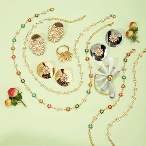 Daisy Flower Stainless Steel 18K Gold Plated Enamel Stud Earrings And Necklace INS Style Trendy Jewelry For Women