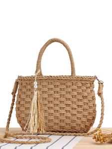 Hand-Woven Paper Braid Straw Bag Crossbody Handbag With Tassel Artificial Pearl Decor Summer Beach Holiday Casual For Women