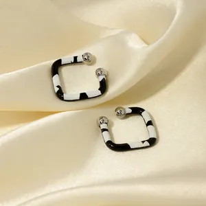 INS Style Stainless Steel Zebra Pattern Square Ear Clip For Women Minimalist Black White Oil Drip Geometric Earrings Jewelry