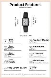 Detailed specifications of silver square quartz watch with black leather strap and Roman numerals