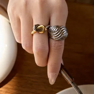 Stainless Steel Rings For Women Two Tone Knot Screw Dome Design Waterproof Hypoallergenic Fashion Jewelry