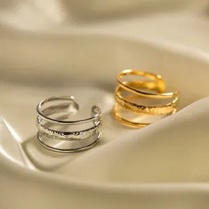 Layered Line Open Ring 18K Gold Plated Stainless Steel Textured Hammered Minimalist Adjustable Jewelry For Women