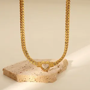 Heart Pendant Necklace Stainless Steel 14K Gold Plated Hollow Heart Flat Cuban Link Snake Chain Layered For Women INS