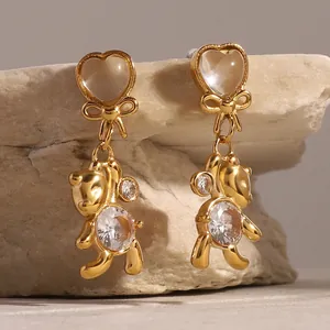 Orecchini A Goccia Orso In Acciaio Inossidabile Con Fiocco A Cuore E Intarsio In Zircone Tondo Moda Dolce Per Le Donne