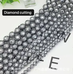 Macro detail of diamond-cut terahertz beads showing metallic faceted texture and luster
