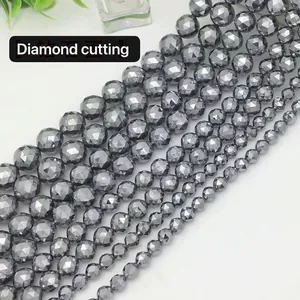Diamond-cut terahertz faceted beads with dark grey metallic luster in various sizes