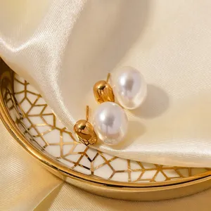 French Vintage Stud Earrings Stainless Steel With Imitation Artificial Pearl Elegant Geometric Gold Plated Luxury Jewelry For Women