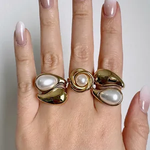 Anello In Acciaio Inossidabile Placcato Oro Goccia Perla Artificial Occhio Di Tigre Turchese Geometrico Regolabile Aperto Per Donna