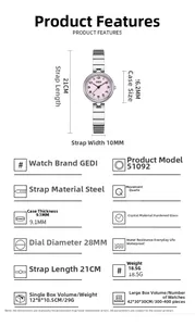 Spécifications techniques et dimensions de la montre quartz femme au cadran rose