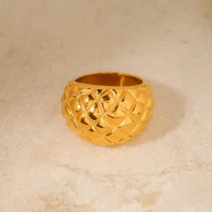 Quilted Rhombus Texture Ring Stainless Steel 18K Gold Plated Chunky Matelasse Band Minimalist Jewelry For Women