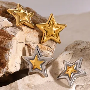 Stainless Steel Star Stud Earrings For Women Two-Tone Gold Silver Plated Geometric Star Shape Earring Fashion Jewelry
