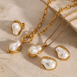 Artificial Baroque Pearl Necklace Earrings And Ring Jewelry Stainless Steel Gold Plated Vintage Elegant Hypoallergenic For Women