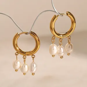 Stainless Steel Hoop Earrings With White Artificial Pearls 18K Gold Plated French Retro Hypoallergenic Minimalist Jewelry For Women