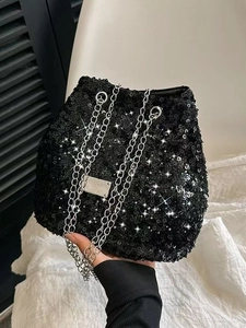 Chic black sequin bucket bag with silver dual chain straps and reflective finish