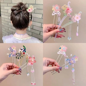 Exquisite ancient Chinese style hairpins set with floral motifs and silk tassels