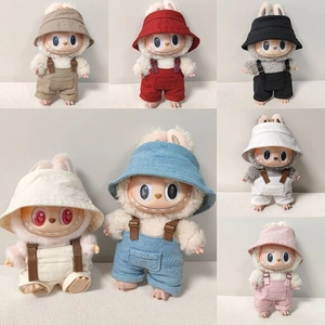 Detailed view of plush doll set in seven colors with fisherman hats and overalls