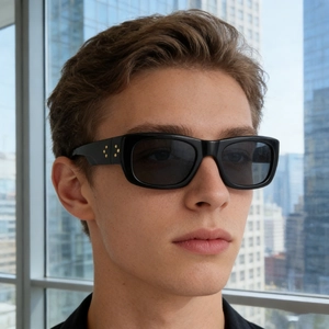 Detail of square black sunglasses featuring unique gold floral metal studs on temples