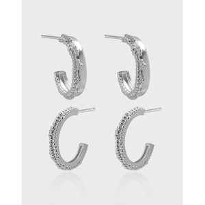 Minimalist 925 Sterling Silver Hoop Earrings C Shaped Beaded Texture Dainty Retro Style For Women Polished Jewelry