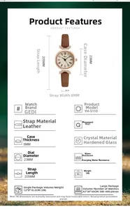 Detailed technical specifications for GEDI luxury quartz watch with thin brown leather strap