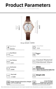 Detailed specifications of women's quartz watch with brown leather strap and dimensions