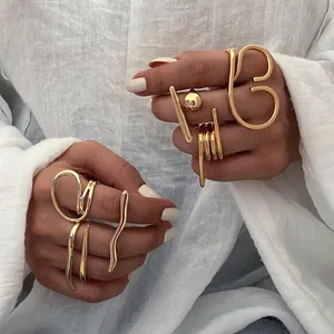 Geometric Ball Bar Open Ring Stainless Steel 18K Gold Plated Minimalist Adjustable Waterproof Polished Jewelry For Women