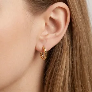 Twisted Hoop Earrings For Women Stainless Steel 18K Gold Plated French Vintage Geometric Waterproof Hypoallergenic Jewelry