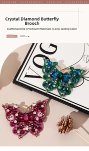 Close-up of elegant butterfly brooch featuring colorful crystals and intricate metalwork