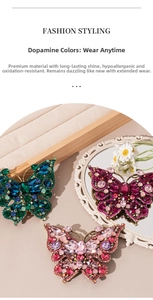 Detailed view of luxury butterfly brooch with colorful crystals on a display stand
