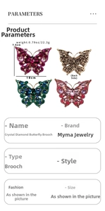 Detailed view of luxury butterfly crystal brooch showing size 10cm x 7.5cm and color options
