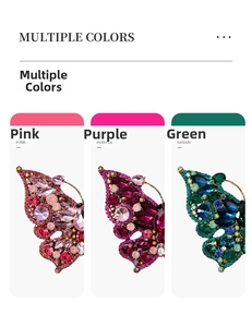 Detailed comparison of pink, purple and green crystal butterfly brooches in a triple layout