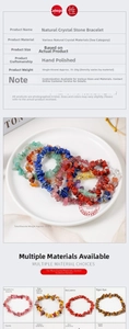 Detail showing various natural crystal stone bracelets with polished irregular beads