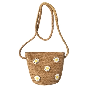 Kids handmade straw crossbody bag with white daisy flowers and braided shoulder strap