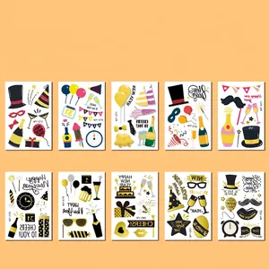 Close-up of 10 New Year temporary tattoo styles with 7.5x11cm size and OPP bag packing