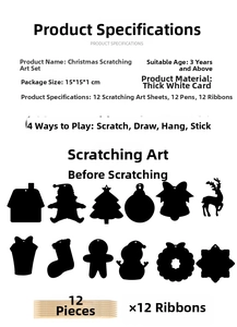 DIY Christmas scratch art set with 12 cards, wooden styluses and red ribbons for kids