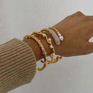 Elegant Gold Plated Stainless Steel Open Bangle Bracelet With Faux Artificial Pearl And Rhinestone Ins Style Jewelry For Women