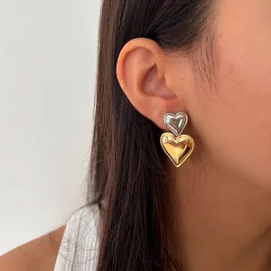 Chic Heart Stud Earrings Polished Stainless Steel Double Tiered Two Tone Minimalist Fashion Jewelry For Women